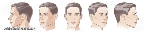 vector Set of man face portrait three different angles and turns of a male head. Close-up line sketch. Different view front, profile, three-quarter of a boy.
