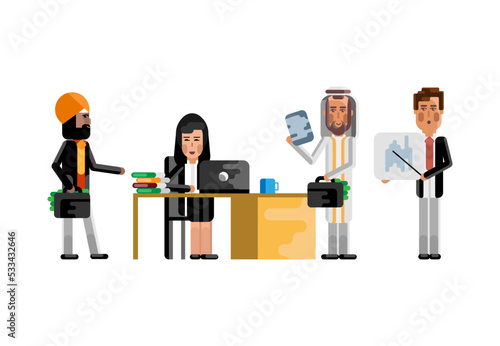 Multiethnic business staff in office, european speaker doing presentation, arab and indian depositors with money suitcases. Corporate multicultural business people isolated vector illustration.
