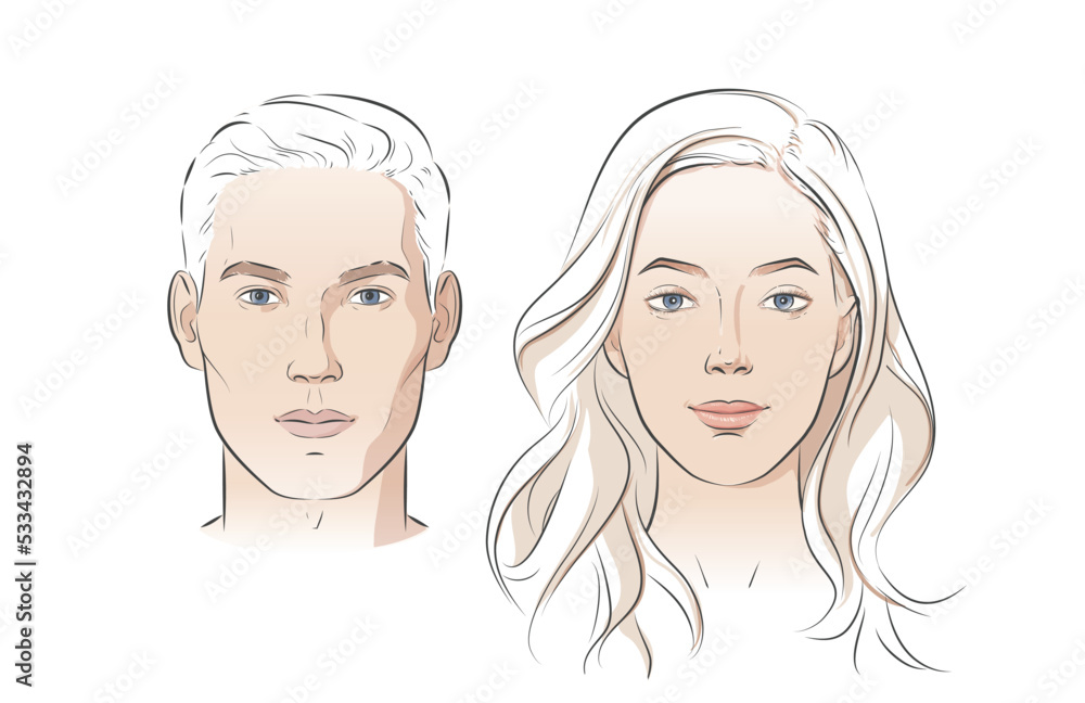 Man and woman faces. Heads face. Portrait of young beautiful girl, boy. Vector line sketch illustration. Man and woman faces. Heads face. Portrait of young beautiful girl, boy. Vector line sketch illustration.