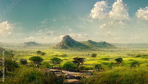 Landscape of savannah, nature with green trees, rocks and a field under a blue clear sky 3d illustration photo