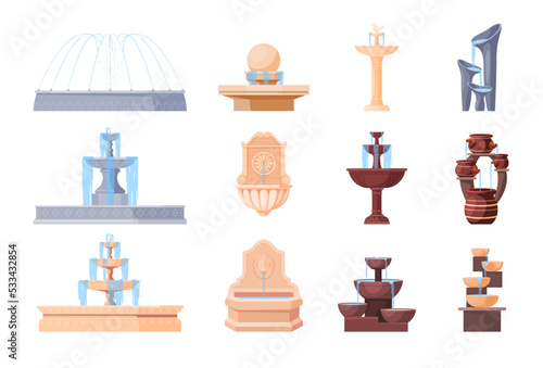 Different types of street fountains. Decoration of the territory. Beautiful park fountains for the city. Vector illustration