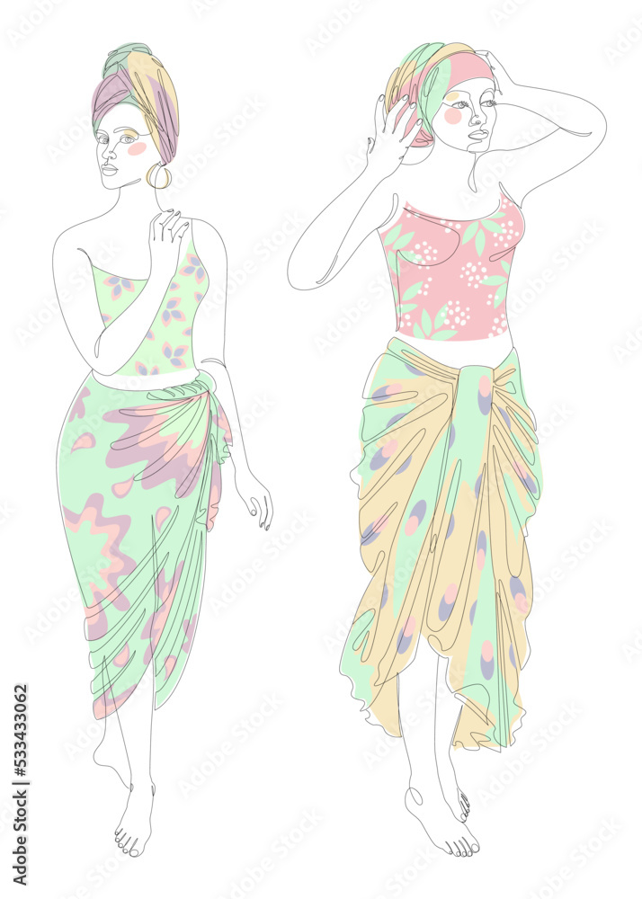 Collection. Silhouette of a beautiful girl. Lady in a turban and national clothes. Woman in modern one line style. Solid line, decor outline, posters, stickers, logo. Vector illustration set. Collection. Silhouette of a beautiful girl. Lady in a turban and national clothes. Woman in modern one line style. Solid line, decor outline, posters, stickers, logo. Vector illustration set.