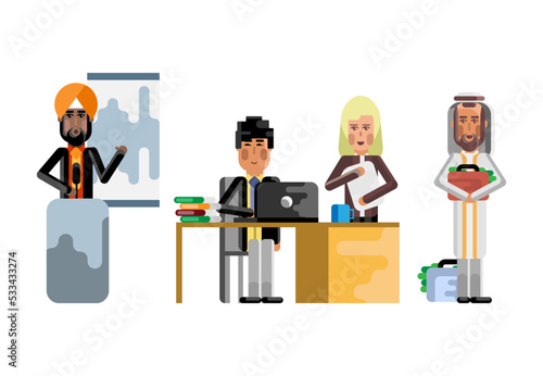 Multiethnic business staff in office, indian speaker doing presentation on tribune, arab depositor with money suitcase. Corporate multicultural business people isolated vector illustration.