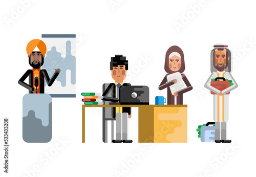 Arabic and asian business staff working in office, indian man doing presentation, arab investor with money suitcase. Corporate multicultural business people isolated vector illustration.