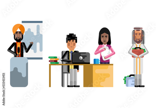 Asian businessman working in office, indian man doing presentation, arab investor with money suitcase. Corporate multicultural business people isolated vector illustration.