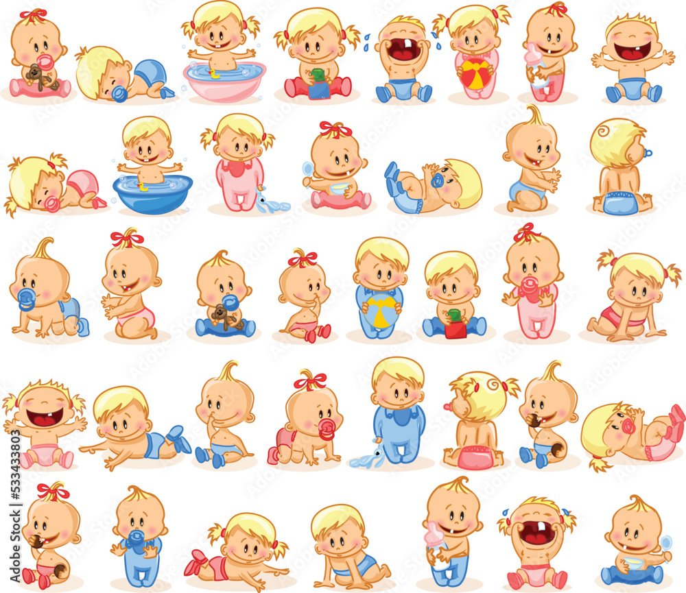Vector illustration set of cute baby boys and girls in the cartoon style Vector illustration set of cute baby boys and girls in the cartoon style
