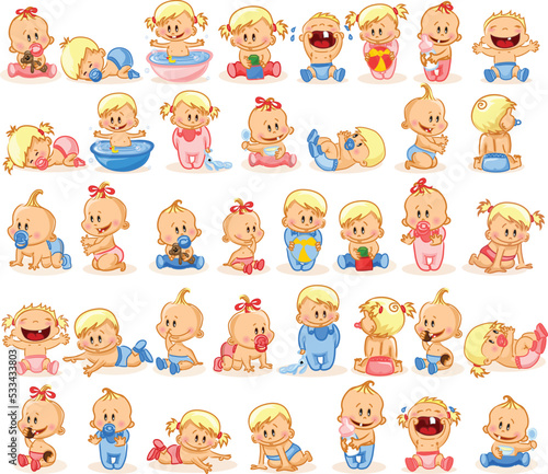Vector illustration set of cute baby boys and girls in the cartoon style