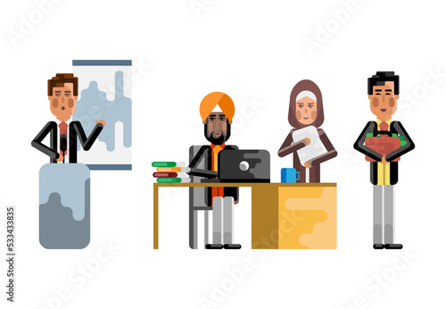 Multiethnic business staff in office, european speaker doing presentation on tribune, asian depositor with money suitcase. Corporate multicultural business people isolated vector illustration.