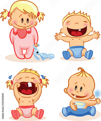 Vector illustration set of cute baby boys and girls in the cartoon style