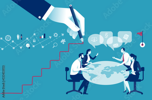Developing project. The team works on a new plan. Businessman‘s hand draws a line leading to the target. Business vector concept illustration.