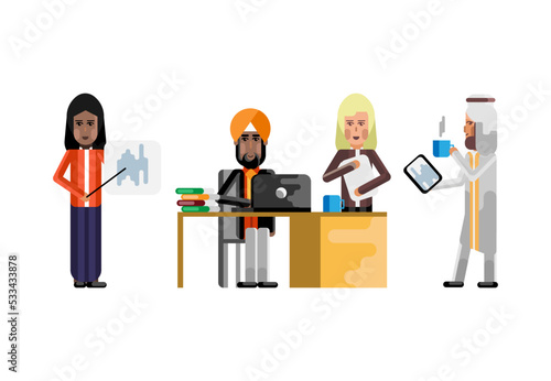 Indian and european business staff in office, woman doing presentation, arab businessman with tablet pc. Corporate multicultural business people isolated vector illustration.