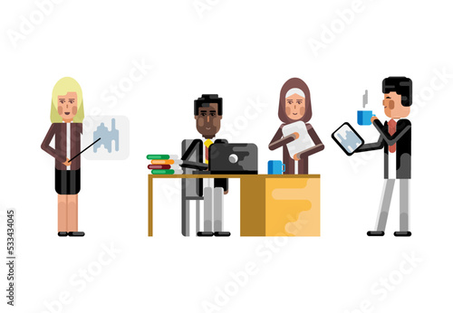 Multiethnic business staff in office, asian businessman with tablet pc, african manager working at computer. Corporate multicultural business people isolated vector illustration.