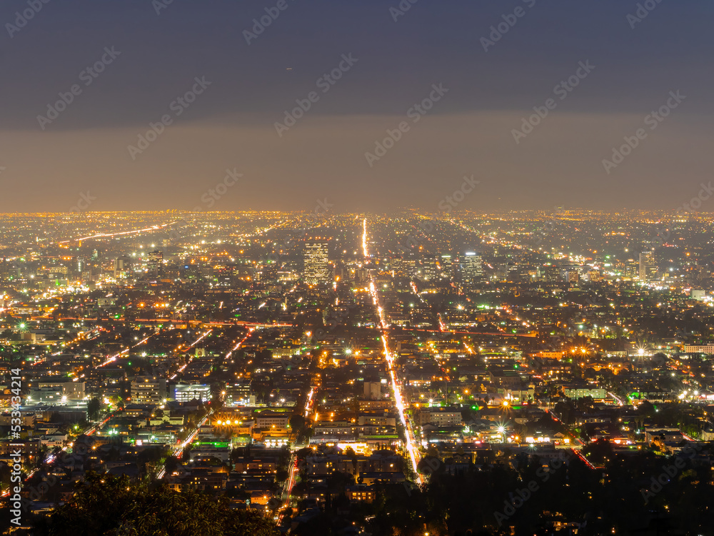 Night high angle view of the Los Angeles downtown