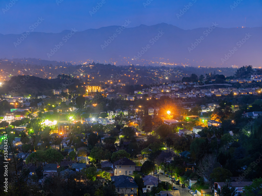 Night high angle view of the Los Angeles downtown