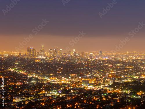 Night high angle view of the Los Angeles downtown