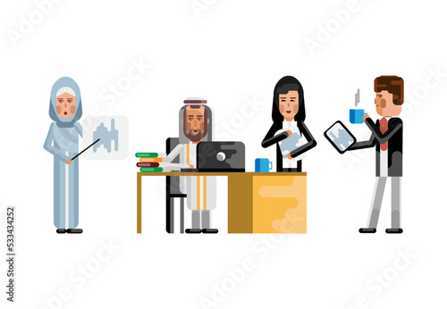 Multiethnic business staff in office, european businessman with tablet pc, arabic woman doing presentation. Corporate multicultural business people isolated vector illustration.