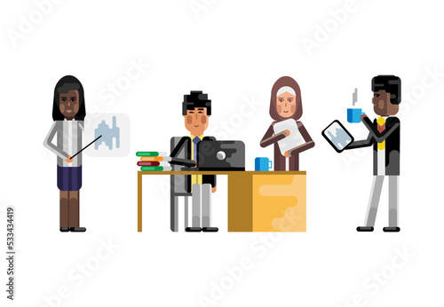 Asian and arabic business staff in office, black woman doing presentation, african man with tablet pc. Corporate multicultural business people isolated vector illustration.