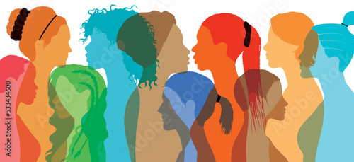 Information and communication between multi-ethnic and multi-racial women and girls. Female diversity and head face profile. Friendship.