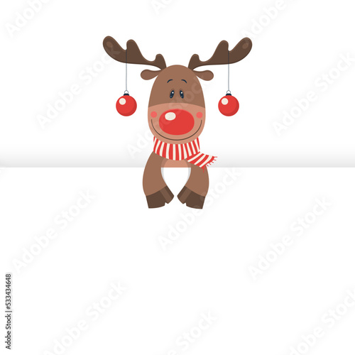 Vector Funny and Cute Cartoon Christmas Deer Wear Christmas Red Scarf and Balls. Kids Greeting New Year Holiday and Christmas Card. Peeking Holiday Deer Character with Banner, Signboard