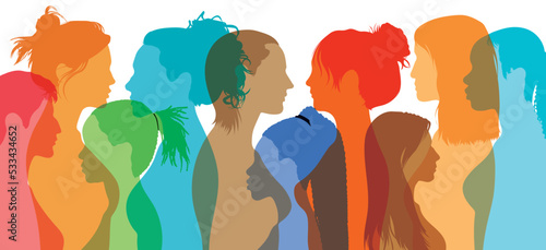Female community or social network. Group of diverse and multicultural women. The concept of racial equality. Sharing, talking, and allies between women.