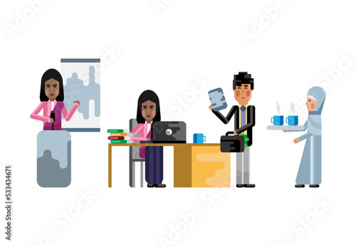 Indian businesswoman working in office, speaker doing presentation, secretary with coffee cups. Corporate multicultural business people isolated vector illustration.