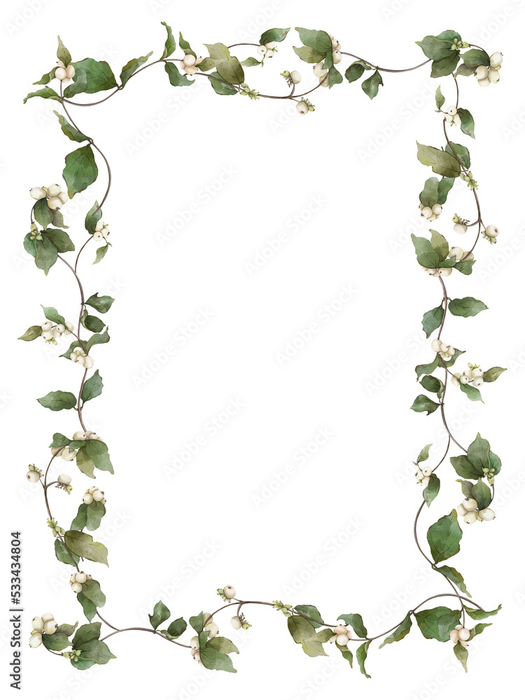 Snowberry twigs rectangle wreath watercolor composition.Botanical frame illustration for wedding invitation, logo, postcards, decor Snowberry twigs rectangle wreath watercolor composition.Botanical frame illustration for wedding invitation, logo, postcards, decor
