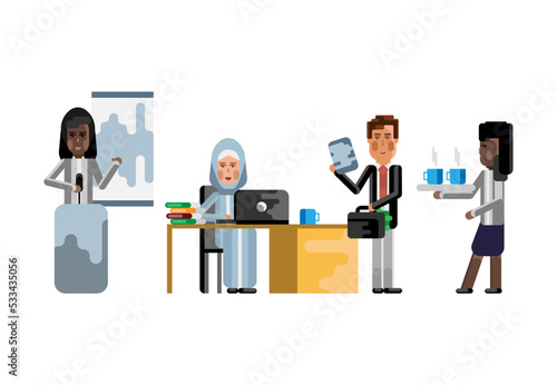 Multiethnic teamwork, black woman doing presentation, arabic businesswoman working at computer and secretary with coffee cups. Corporate multicultural business people isolated vector illustration.