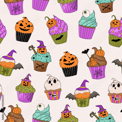 Halloween seamless pattern background design with pumpkin cupcake. Cute Halloween cupcake. Spooky vector illustration. Hand drawn endless texture for packing, wrapping, wallpaper, backdrop.