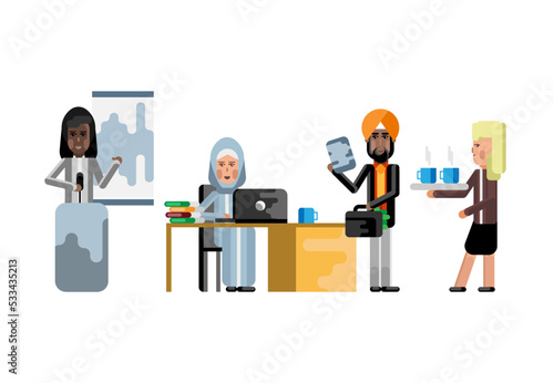 Multiethnic teamwork, black woman doing presentation on tribune, arabic woman working at computer, blonde secretary with coffee cups. Multicultural business people isolated vector illustration.