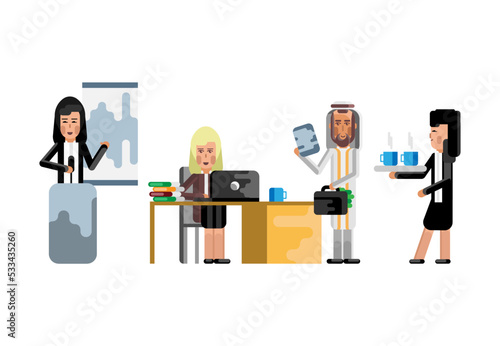 Multiethnic business staff in office, arab businessman with suitcase, asian woman doing presentation. Corporate multicultural business people isolated vector illustration.