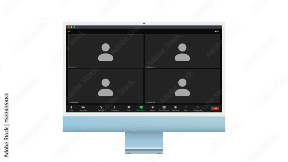 Video conference user interface, Four users. Video conference calls window overlay on desktop, video chat UI elements, webinar, online meeting. Vector illustration Video conference user interface, Four users. Video conference calls window overlay on desktop, video chat UI elements, webinar, online meeting. Vector illustration