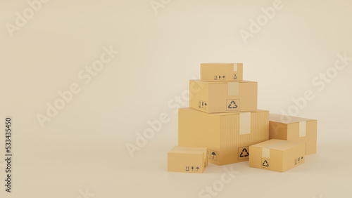 3D render of pile of stacked realistic cardboard brown delivery boxes mockup on brown background. delivery cargo box with fragile care sign symbol, handling with care. Parcel packaging template. © W.bass