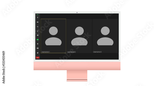 Video conference user interface, Three users. Video conference calls window overlay on desktop, video chat UI elements, webinar, online meeting. Vector illustration