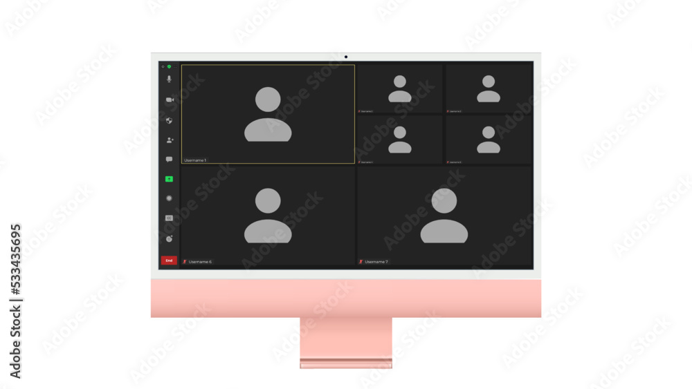 Video conference user interface, Seven users. Video conference calls window overlay on desktop, video chat UI elements, webinar, online meeting. Vector illustration Video conference user interface, Seven users. Video conference calls window overlay on desktop, video chat UI elements, webinar, online meeting. Vector illustration