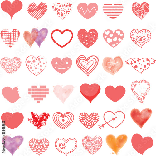 Vector hand drawn collection of grunge Valentine hearts on white background.