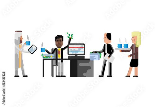 Multiethnic business staff in office, arab businessman with tablet pc and blonde secretary with coffee cups. Corporate multicultural business people isolated vector illustration.