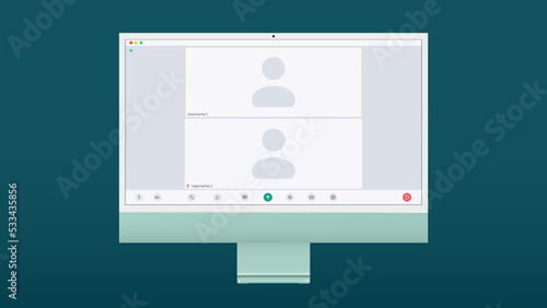 Video conference user interface, two users. Video conference calls window overlay on desktop, video chat UI elements, webinar, online meeting. Vector illustration