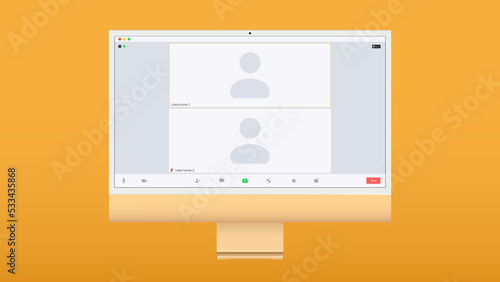 Video conference user interface, two users. Video conference calls window overlay on desktop, video chat UI elements, webinar, online meeting. Vector illustration