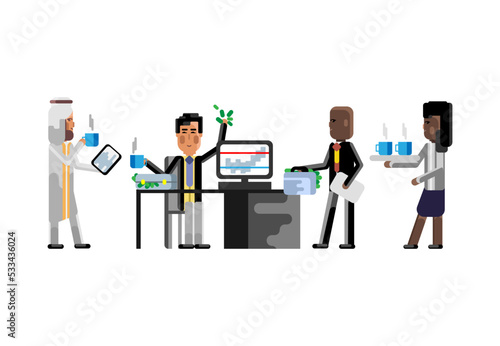 Multiethnic business staff in office, african investor with money suitcase, arab man with tablet pc. Corporate multicultural business people isolated vector illustration.