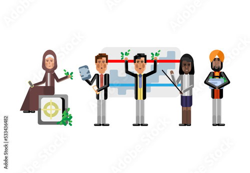 Multiethnic business team doing presentation before arabic businesswoman sitting on bank safe and indian investor. Corporate multicultural business people isolated vector illustration.