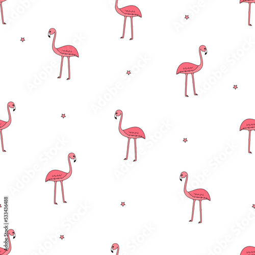 Seamless pattern flamingo kawaii  cute cartoon bird. Background  wallpaper for printing on clothing packaging.