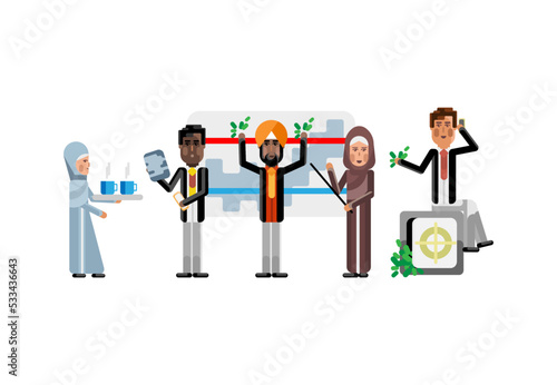 Multiethnic business team doing presentation before european businesswoman sitting on bank safe. Corporate multicultural business people isolated vector illustration.