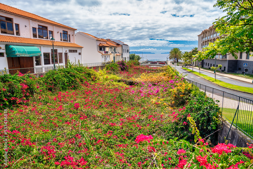 Santa Cruz, Madeira. Canal full of flowers near the sea, view from Sao Fernando Street