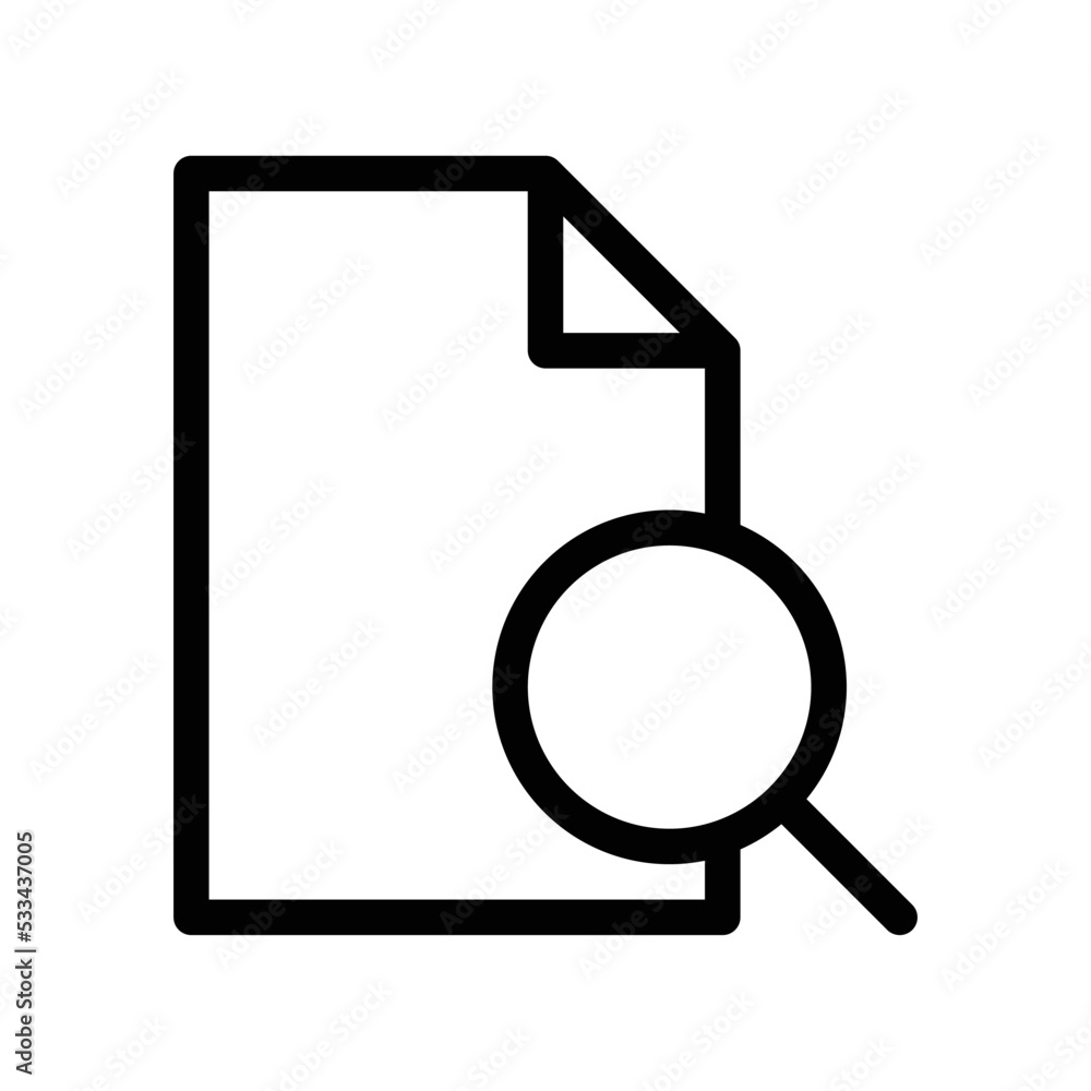 Find page icon with paper and magnifying glass in black outline style Find page icon with paper and magnifying glass in black outline style