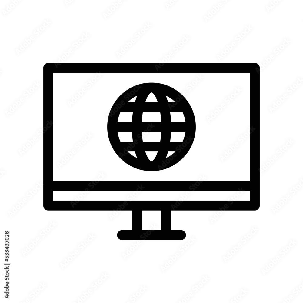 Desktop website icon with computer screen and globe in black outline style Desktop website icon with computer screen and globe in black outline style