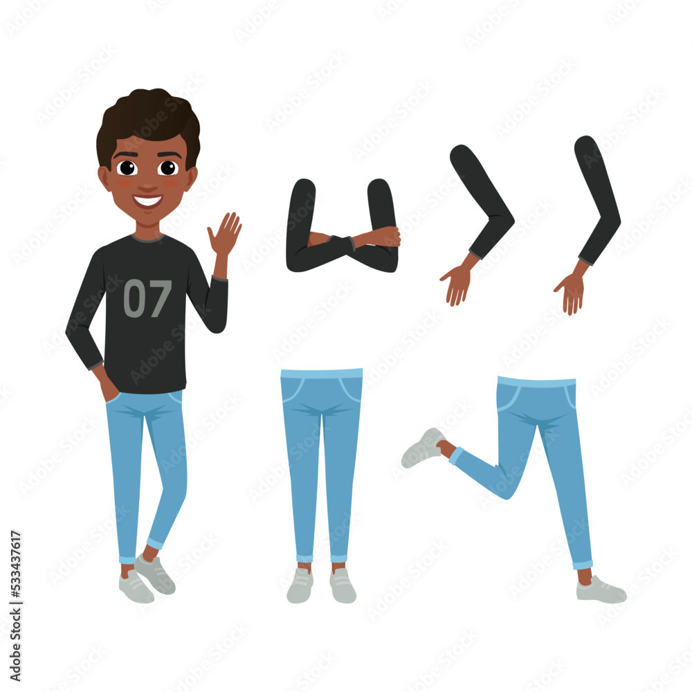Full length portrait of African American boy in casual clothes with legs and arms collection. Cute boy character creation, constructor for animation cartoon vector illustration Full length portrait of African American boy in casual clothes with legs and arms collection. Cute boy character creation, constructor for animation cartoon vector illustration