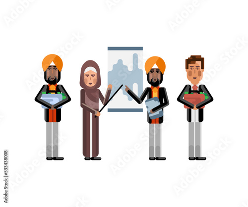 Multiethnic business team doing presentation before european and indian depositors with money suitcases. Corporate multicultural business people isolated vector illustration.