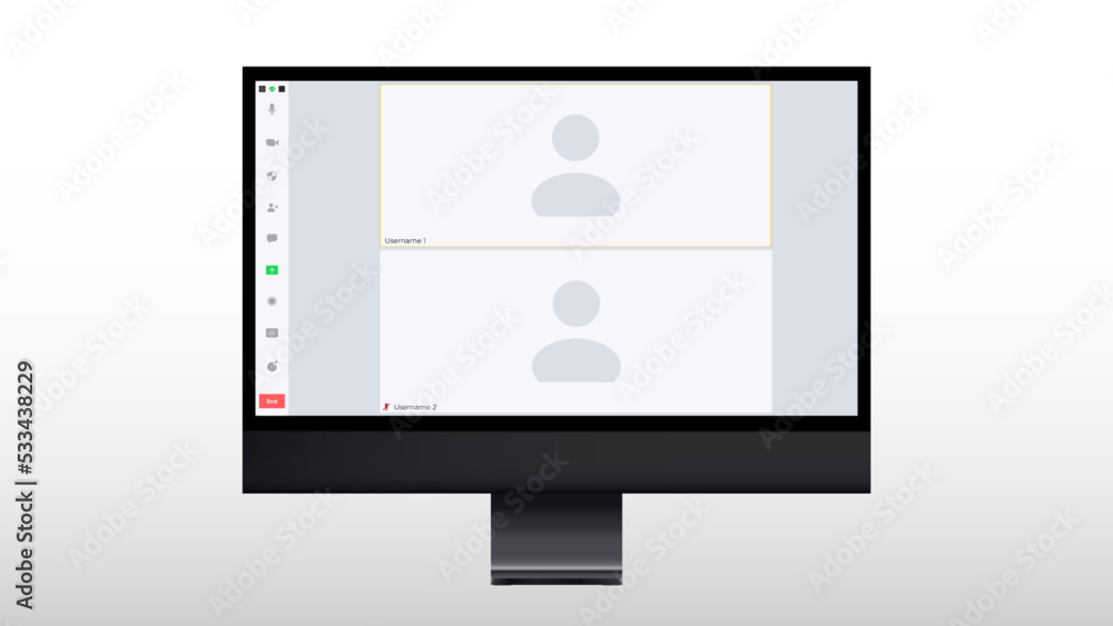 video conference call interface vector template. online communication computer program screen mock up. remote quarantine learning, job, training, webinar. white background. Vector illustration video conference call interface vector template. online communication computer program screen mock up. remote quarantine learning, job, training, webinar. white background. Vector illustration