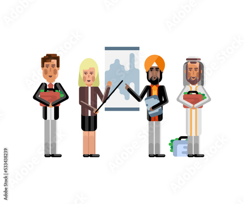 Multiethnic business team doing presentation before european and arab depositors. Corporate multicultural business people isolated vector illustration.