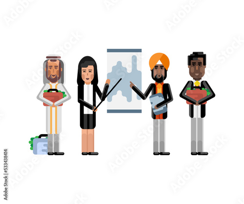 Multiethnic business team doing presentation before african and arabic investors with money suitcases. Corporate multicultural business people isolated vector illustration.